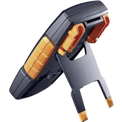 Support de mesure numérique noir avec des accents orange. Béquille pliable pour une stabilité optimale sur différentes surfaces.