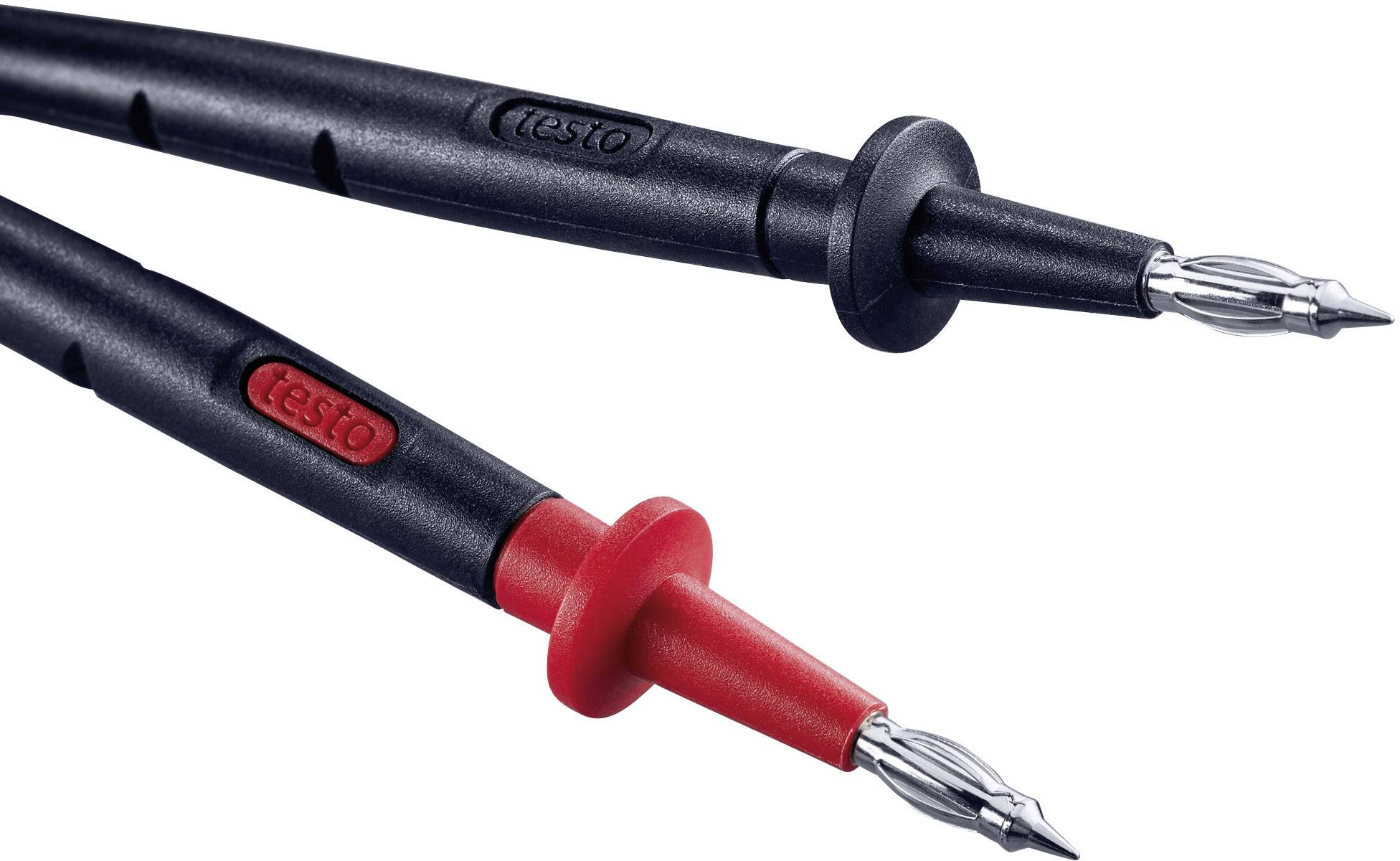 Deux pointes de test : une noire, une rouge, avec des embouts métalliques pour les mesures électriques.