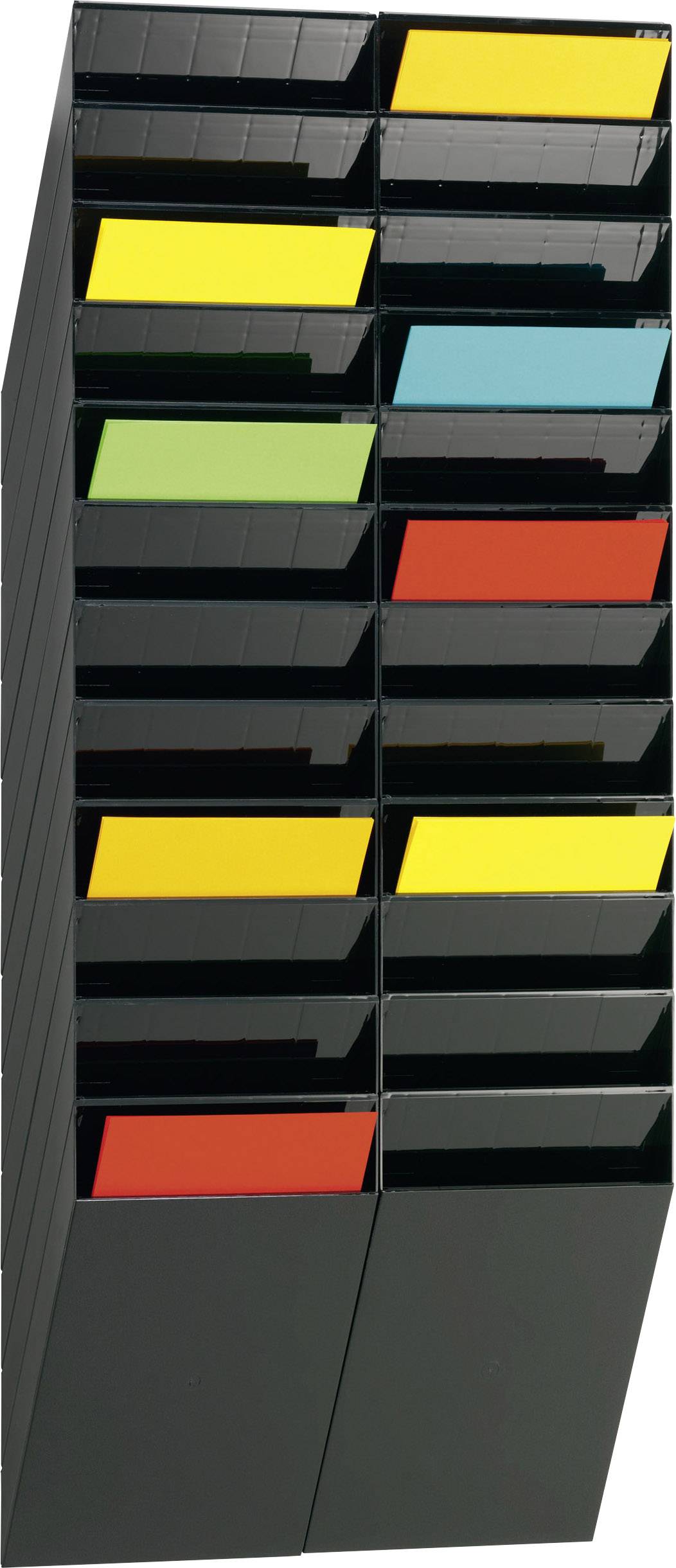 Un support de rangement vertical avec plusieurs étagères de différentes couleurs : noir, jaune, vert, bleu, rouge et orange.