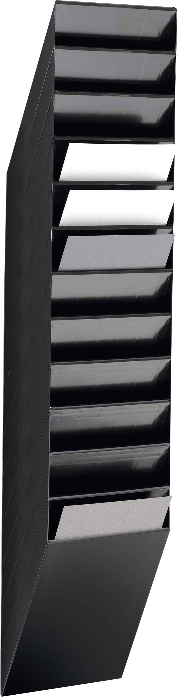 Porte-revues vertical noir avec dix compartiments légèrement inclinés vers l'avant. Idéal pour l'organisation des documents.