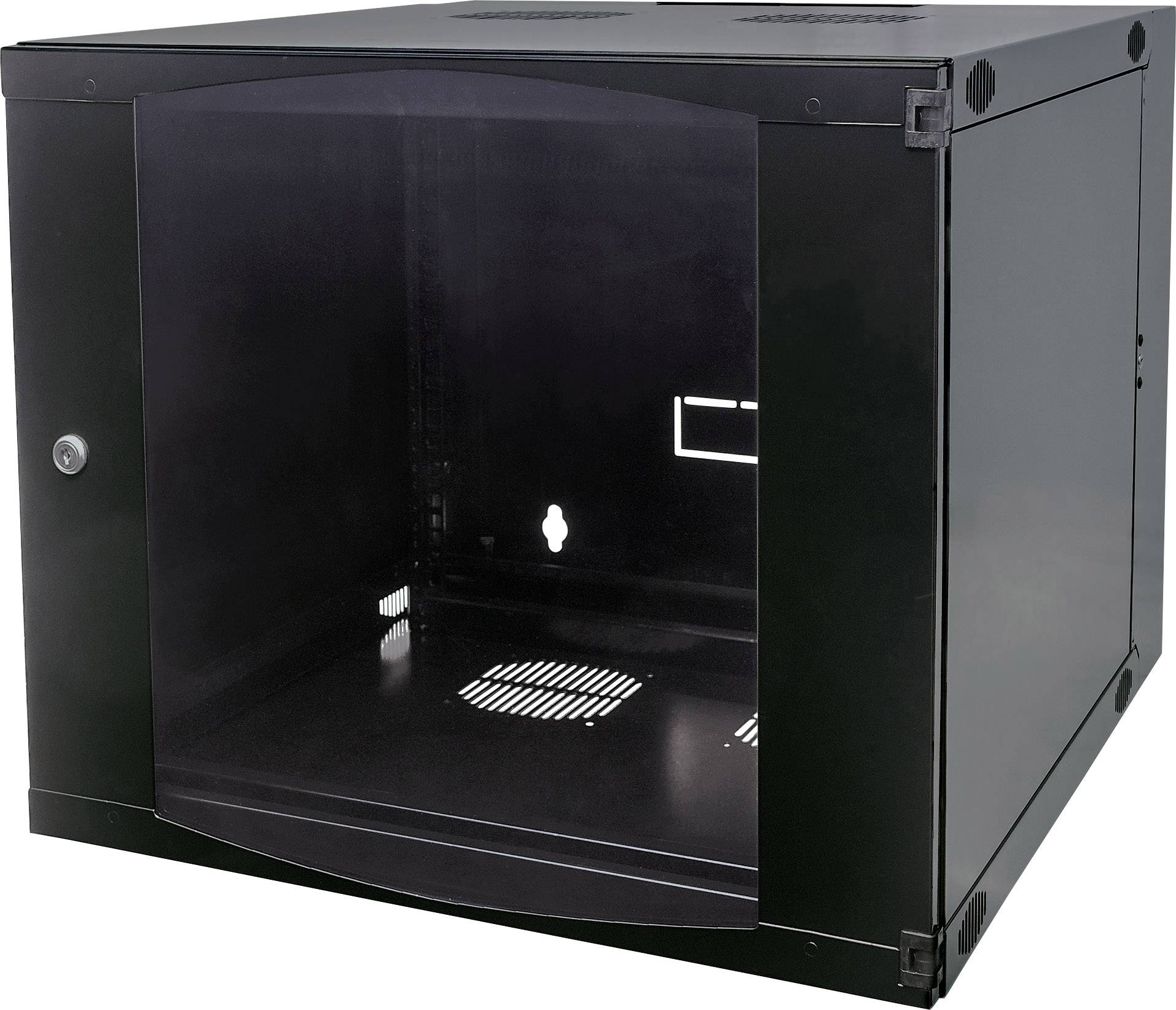 Un rack serveur métallique noir et vide avec une porte vitrée, destiné à l'installation d'équipements informatiques dans les salles de serveurs.