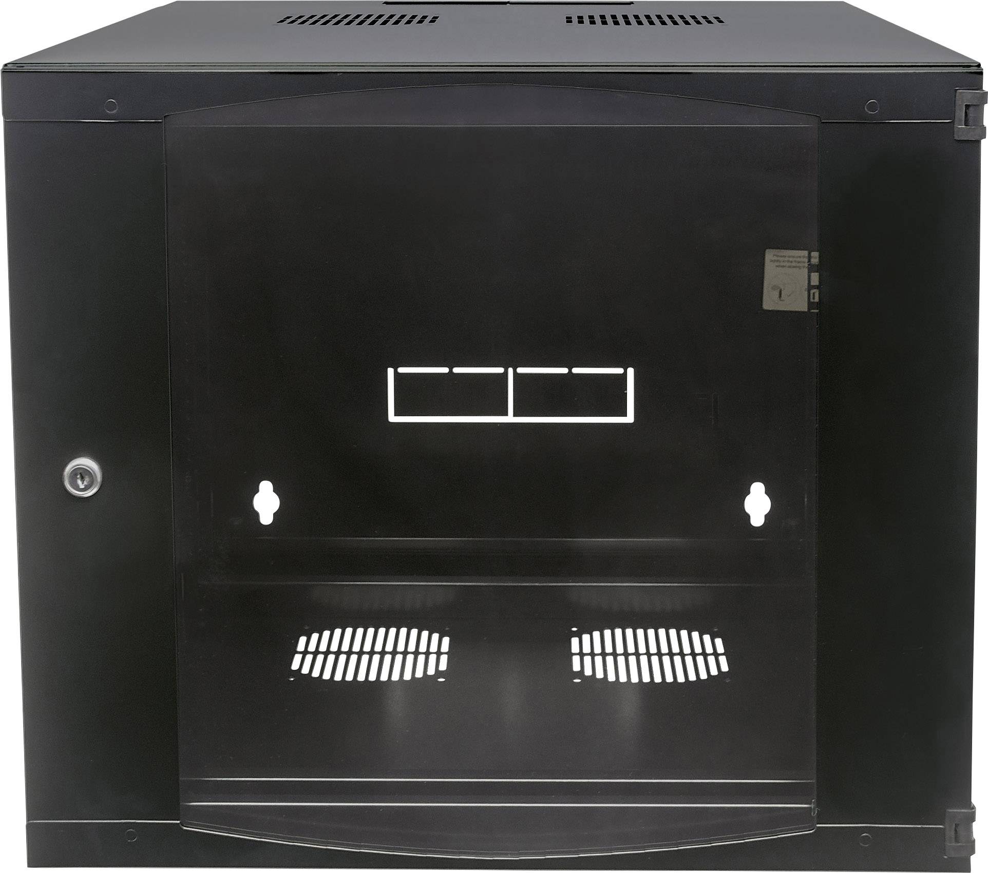 Armoire réseau noire de 19 pouces avec deux fentes de ventilation à l'avant, conçue pour le rangement sécurisé des équipements informatiques.
