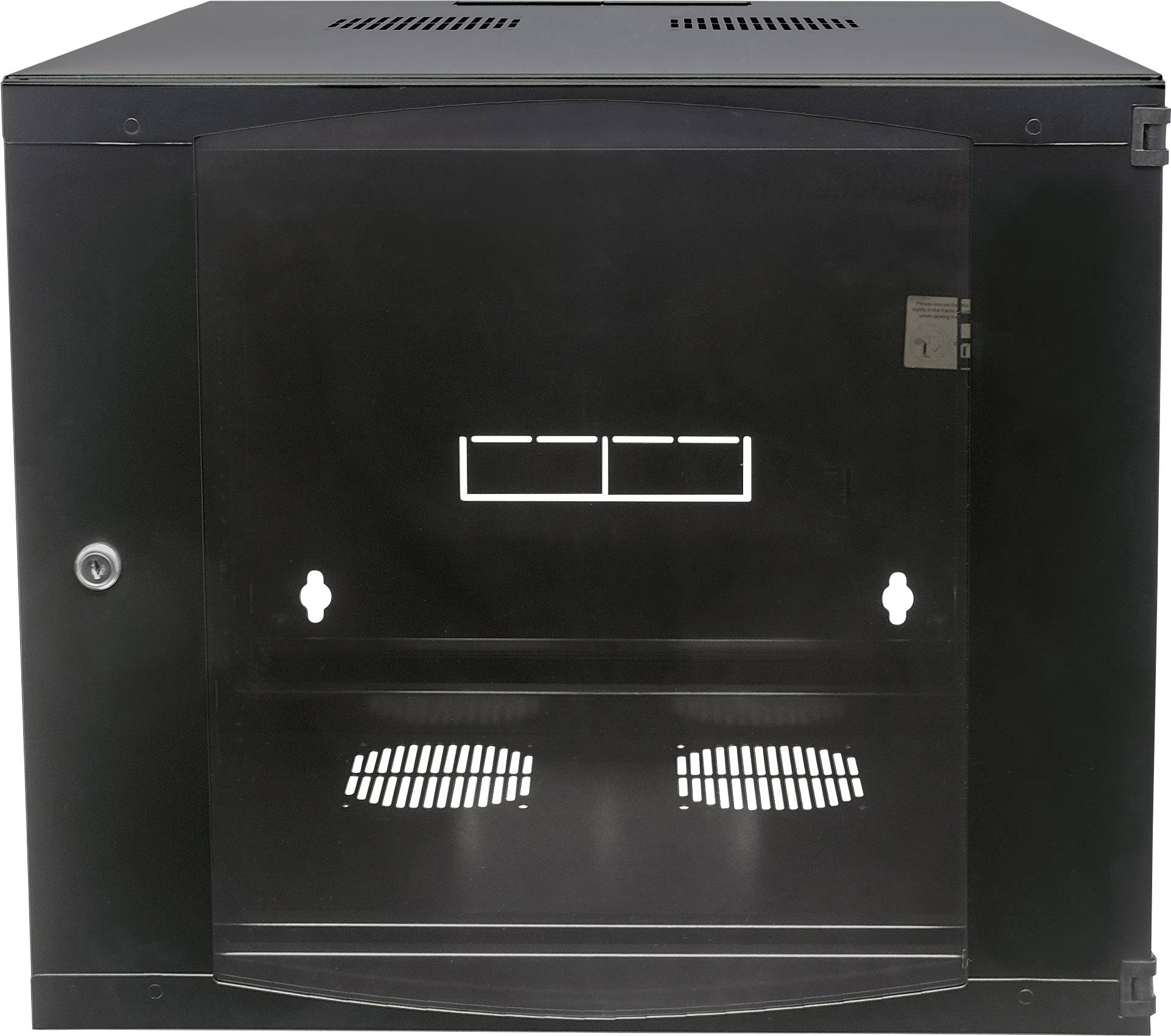 Armoire réseau murale noire avec porte en verre, adaptée à l'installation d'équipements informatiques ou de réseau dans des environnements de bureau.