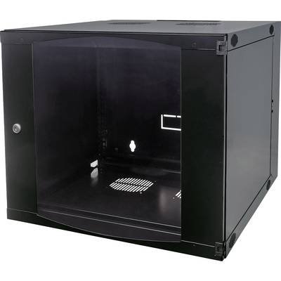 Un armoire réseau murale noire, vide, avec une porte en verre et des orifices de ventilation. Les portes sont fermées, aucun équipement à l'intérieur.