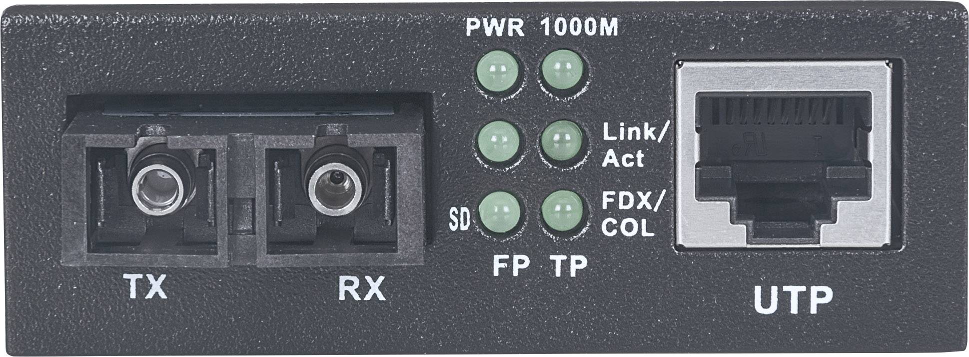 Un module réseau avec des connexions fibre optique 'TX' et 'RX', ainsi qu'une connexion UTP. Des voyants LED indiquent l'état : 'PWR', '1000M', 'Link/Act', 'FDX/COL'.