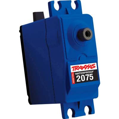 Module de servomoteur numérique étanche bleu, numéro de modèle 2075, avec engrenage central, de la marque 'Traxxas'.