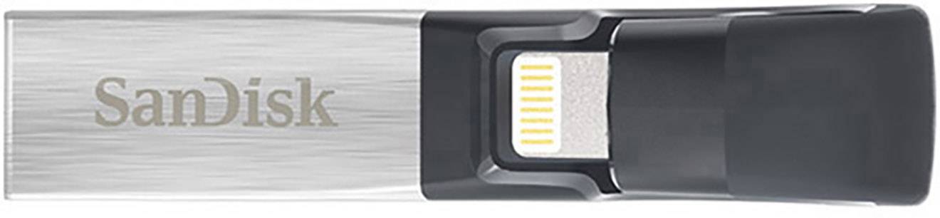 Une clé USB argentée de SanDisk avec un capuchon noir et un connecteur Lightning, adaptée au stockage et au transfert de données.