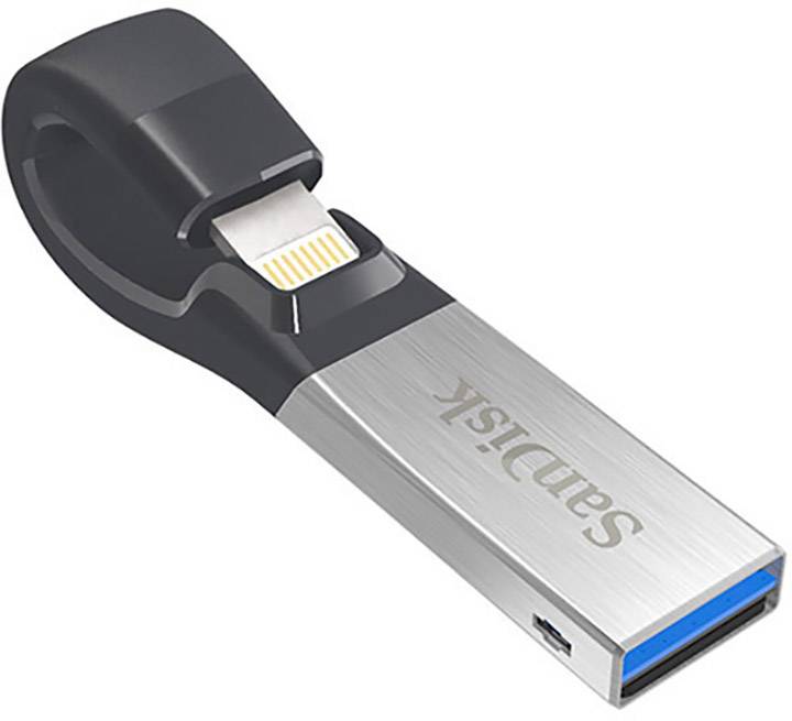 Clé USB avec port Lightning et logo Sandisk, compatible iPhone et iPad pour le stockage et le transfert de données.