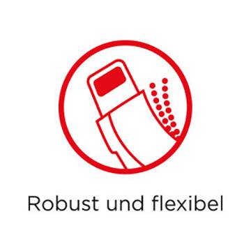 Un symbole rouge présente un câble flexible accompagné du texte 'Robuste et flexible', illustrant la résistance et la flexibilité du câble.