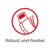 Un symbole rouge présente un câble flexible accompagné du texte 'Robuste et flexible', illustrant la résistance et la flexibilité du câble.