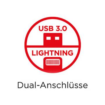 Symbole USB 3.0 Lightning en rouge avec le texte 'Doubles connecteurs' en dessous, illustrant la fonction de deux types de connexions sur un même appareil.