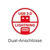 Symbole USB 3.0 Lightning en rouge avec le texte 'Doubles connecteurs' en dessous, illustrant la fonction de deux types de connexions sur un même appareil.