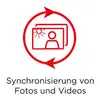 Un symbole rouge avec des photos, un soleil et des flèches. Texte : 'Synchronisation des photos et des vidéos'.