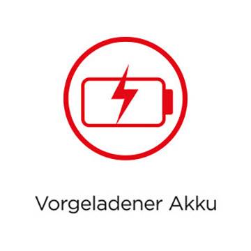 Un symbole de batterie rouge avec un éclair indique une "Batterie préchargée", ce qui signale une batterie complètement chargée.