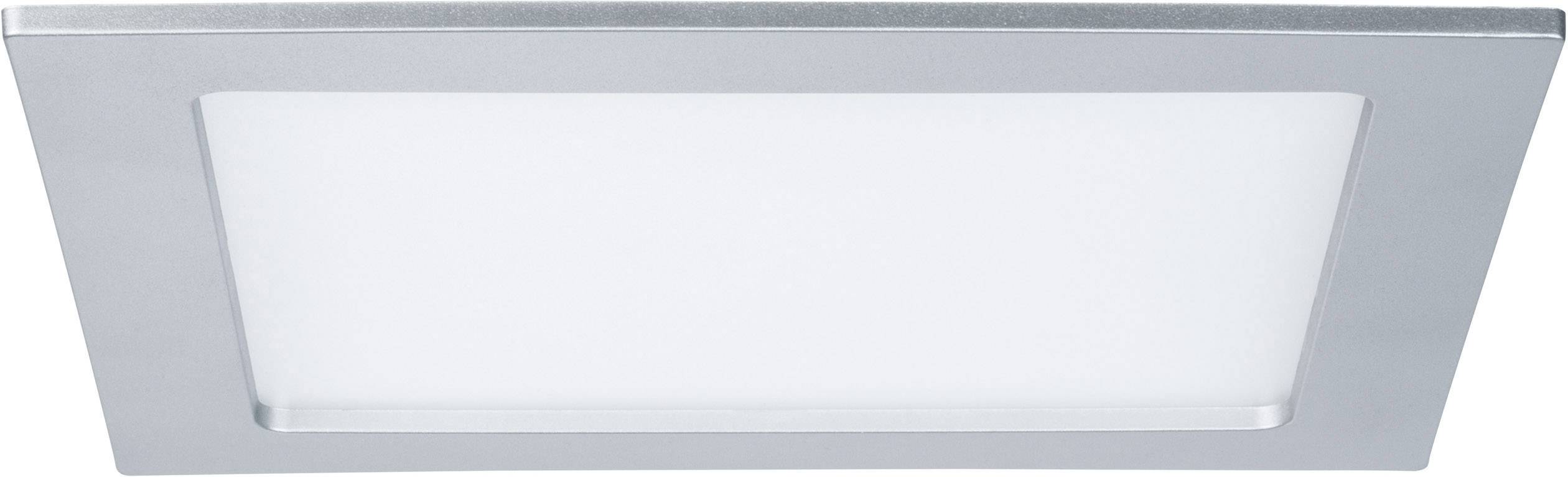 Spot encastrable carré LED au cadre argenté et à la surface lumineuse blanche. Design moderne et épuré.