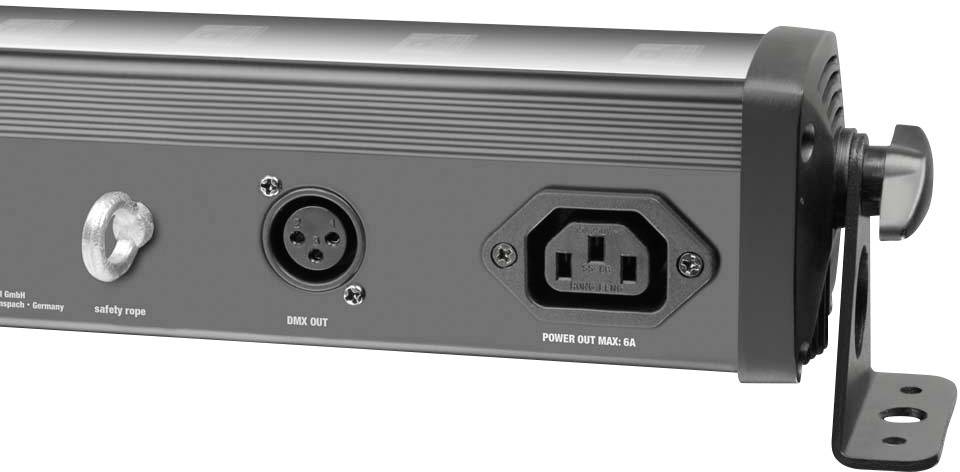 Dos d'un appareil d'éclairage avec les connexions : « câble de sécurité », « DMX OUT » et « POWER OUT MAX 8A ». L'appareil est adapté à une fixation murale.