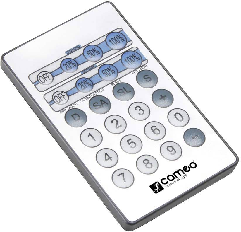 Télécommande avec touches pour contrôler la luminosité (20%, 50%, 100%), marche/arrêt et autres fonctions. Logo en bas à droite.