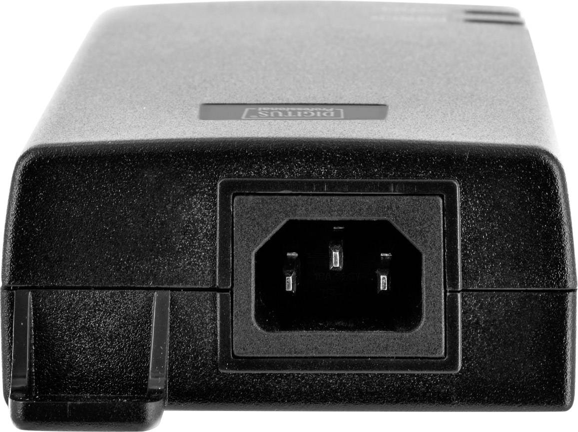 Adaptateur secteur noir avec une prise à trois broches, présenté de face. Il est utilisé pour alimenter des appareils électroniques.