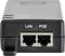 Un injecteur PoE noir présente deux ports Ethernet étiquetés 'LAN' et 'POE'. En haut, des LED sont prévues pour 'Power' et 'Active'.