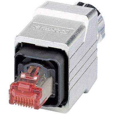 Une fiche RJ45, principalement utilisée pour les connexions réseau, avec un capuchon en plastique transparent rouge recouvrant les broches de contact.