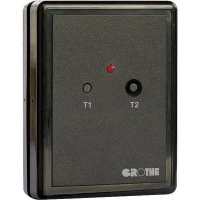 'Émetteur radio noir avec deux touches, T1 et T2, ainsi qu'un voyant LED rouge. Logo de la marque GROTHE en bas à droite.'