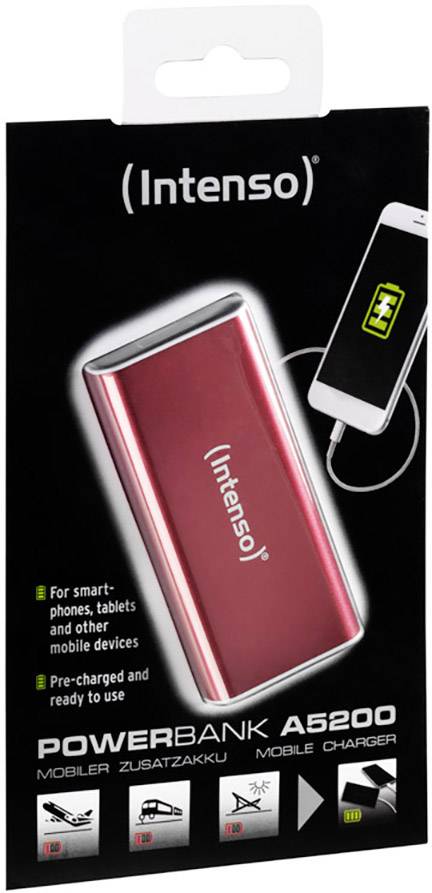 Emballage d'une batterie externe Intenso A5200, rouge. Adaptée aux smartphones, tablettes et autres appareils mobiles. Pré-chargée et prête à l'emploi.