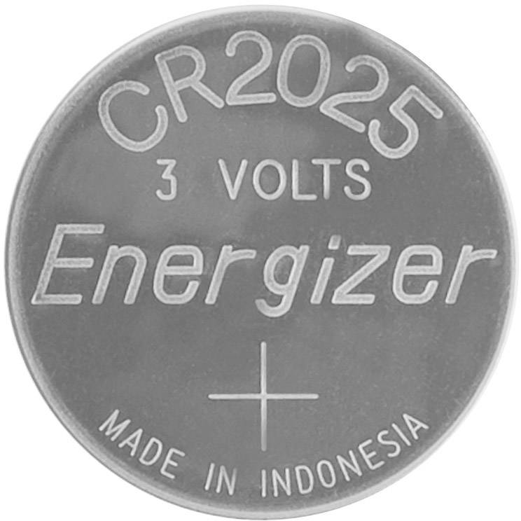Pile bouton ronde Energizer CR2025 de 3 volts, avec indication d'origine « Fabriqué en Indonésie ».