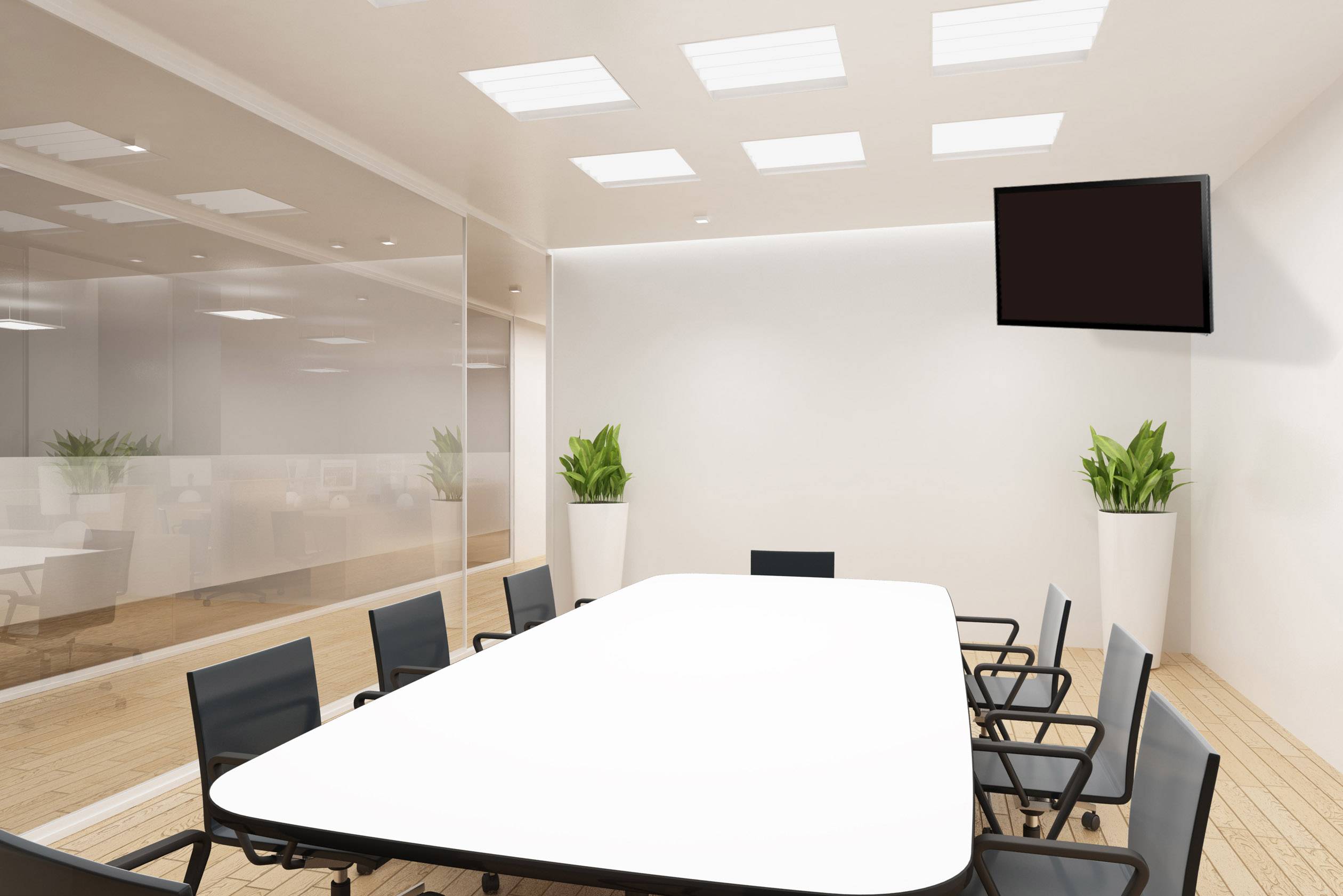 Salle de conférence avec une longue table blanche et dix chaises noires. Un écran est accroché au mur. Deux plantes sont placées dans les coins.