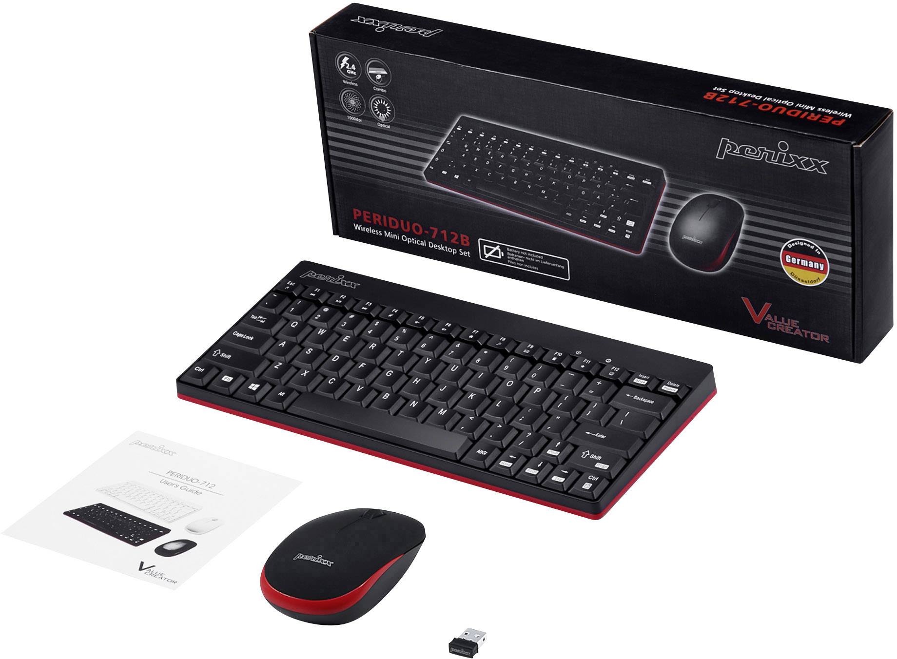 Un clavier et une souris sans fil en noir avec un accent rouge, présentés à côté de l'emballage d'origine, du manuel du produit et du récepteur USB.