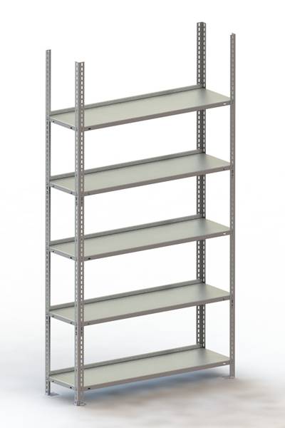 Étagère métallique à six tablettes, adaptée au stockage d'objets dans l'industrie ou l'entrepôt.