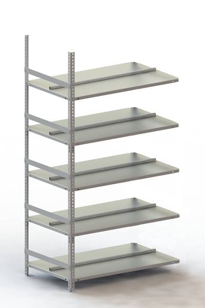 Étagère métallique avec sept tablettes grises vides, placée devant un fond neutre. Idéale pour le rangement ou l'organisation.