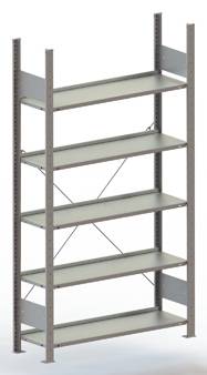 Un étagère métallique simple et structurée à cinq niveaux, adaptée au rangement d'objets dans des environnements industriels ou domestiques.