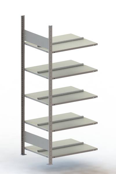 Étagère métallique avec cinq tablettes ouvertes grises. Idéale pour le rangement d'objets au bureau ou dans un entrepôt.