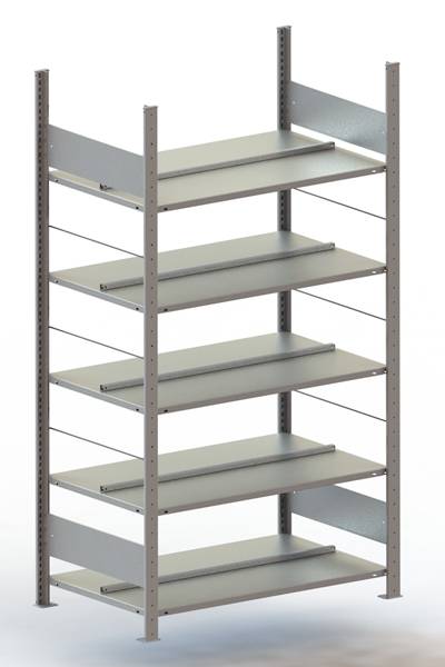 Étagère métallique avec cinq tablettes réglables, adaptée au rangement d'objets dans les garages ou les espaces de stockage.
