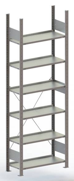 Un étagère métallique grise à sept tablettes réglables, adaptée au rangement dans les entrepôts ou les bureaux.