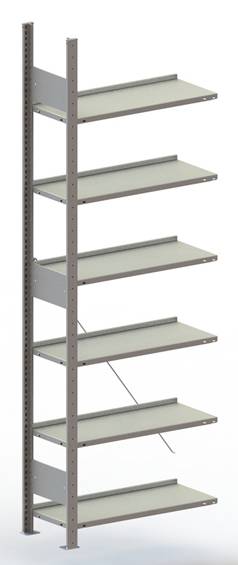 Un étagère métallique haute et grise avec sept tablettes réglables, adaptée au rangement de divers objets dans une pièce.