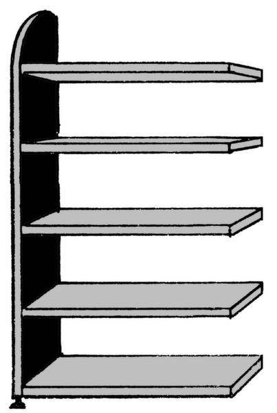 Une étagère simple avec cinq tablettes ouvertes, montrant une vue latérale, adaptée au rangement de livres ou d'objets.
