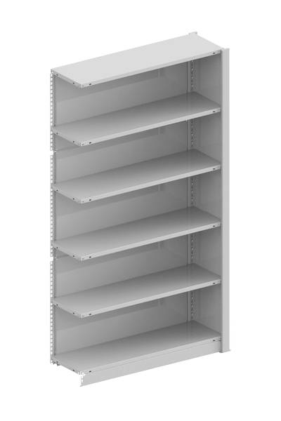 Un armoire métallique vide de couleur grise, équipée de six étagères amovibles. Idéale pour le rangement de fournitures de bureau ou d'outils.