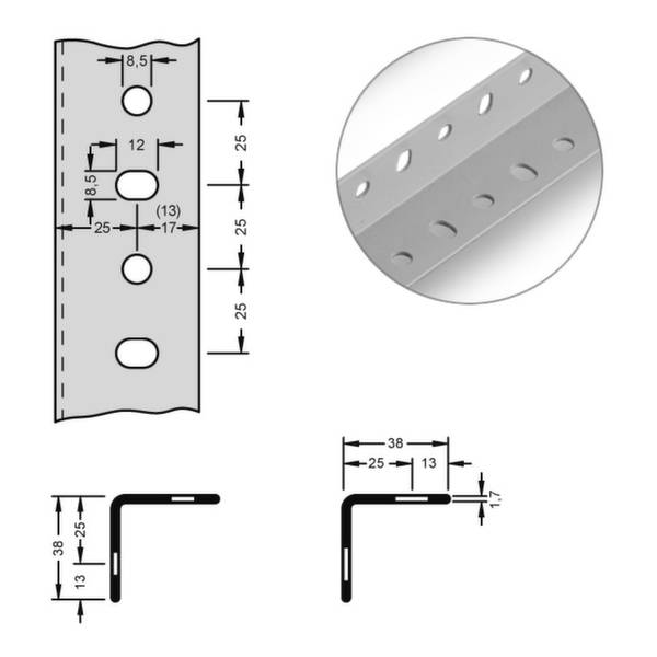La figure montre des dessins techniques d'un support d'angle en métal avec des indications de dimensions, ainsi qu'une photo du produit avec des trous perforés.