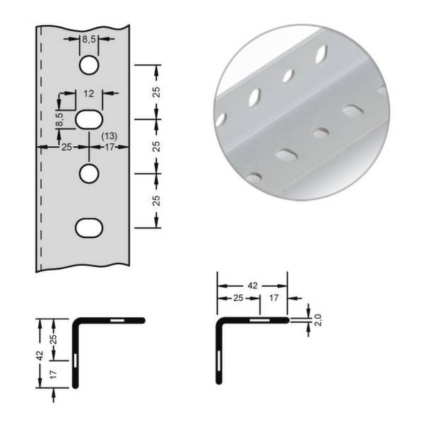 Équerre métallique perforée, dessins techniques avec dimensions et espacements : Longueur 42 mm, Largeur 25 mm, Épaisseur 2 mm.