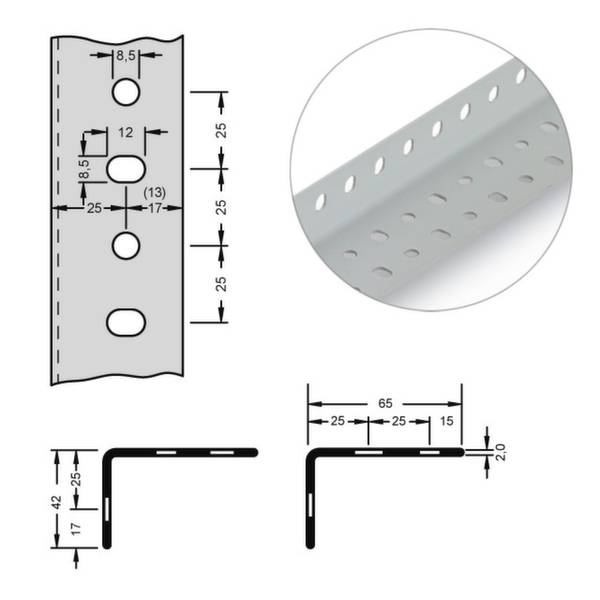 Équerre métallique avec motif de trous dans le profil et la vue latérale, incluant les dimensions. Adaptée aux constructions de bâtiment avec fixation variable.