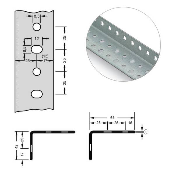 Un diagramme technique montre un profilé métallique avec les dimensions suivantes : 42 mm de hauteur, 65 mm de longueur, 25 mm de largeur. Détail avec des trous poinçonnés.