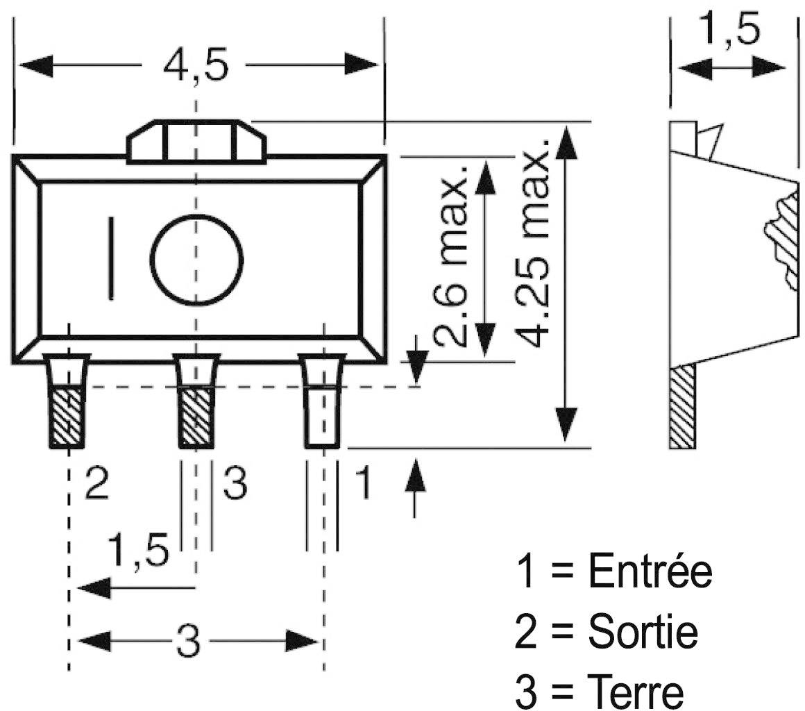 Composant électronique : Schéma de commutateur avec dimensions. Largeur 4,5 mm, hauteur 4,25 mm. Connexions : '1 = Entrée', '2 = Sortie', '3 = Masse'.