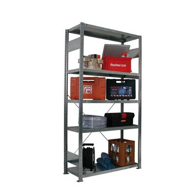 Étagère avec plusieurs compartiments, remplie de boîtes à outils, d'un rouleau de câbles et de matériaux de construction.