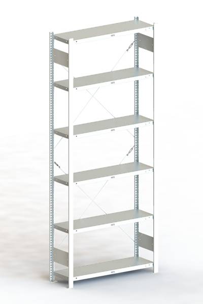 Étagère métallique à cinq niveaux, adaptée au stockage. Structure en acier, autoportante.