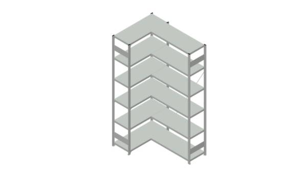 Étagère d'angle à cinq tablettes, structure en métal, adaptée au rangement de livres ou d'objets dans les espaces résidentiels ou de bureau.