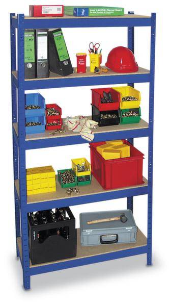 Étagère à cinq niveaux, remplie de classeurs, de fournitures de bureau, d'un casque, d'une boîte à outils et de boîtes de rangement colorées.