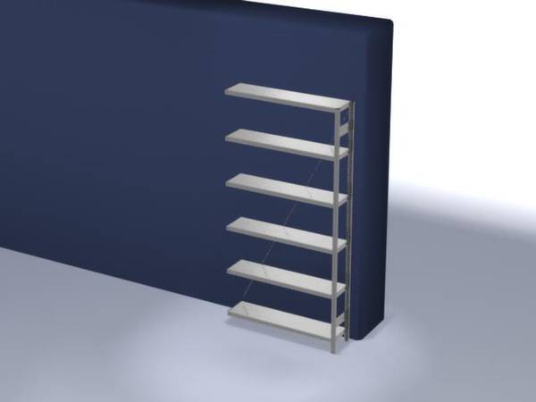 Une étagère est fixée à un mur bleu. Elle est composée de six tablettes réparties de manière uniforme.