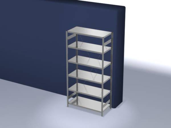 Une étagère avec cinq tablettes blanches est placée devant un mur bleu foncé.