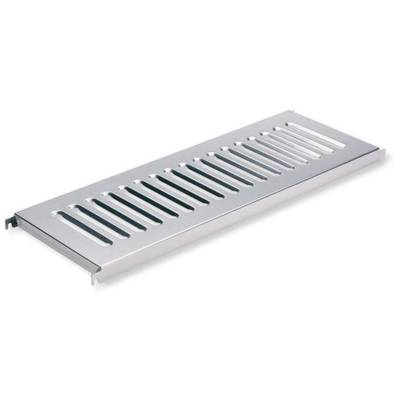 Grille de ventilation rectangulaire en acier inoxydable avec des fentes longues et étroites. Idéale pour les espaces intérieurs modernes.